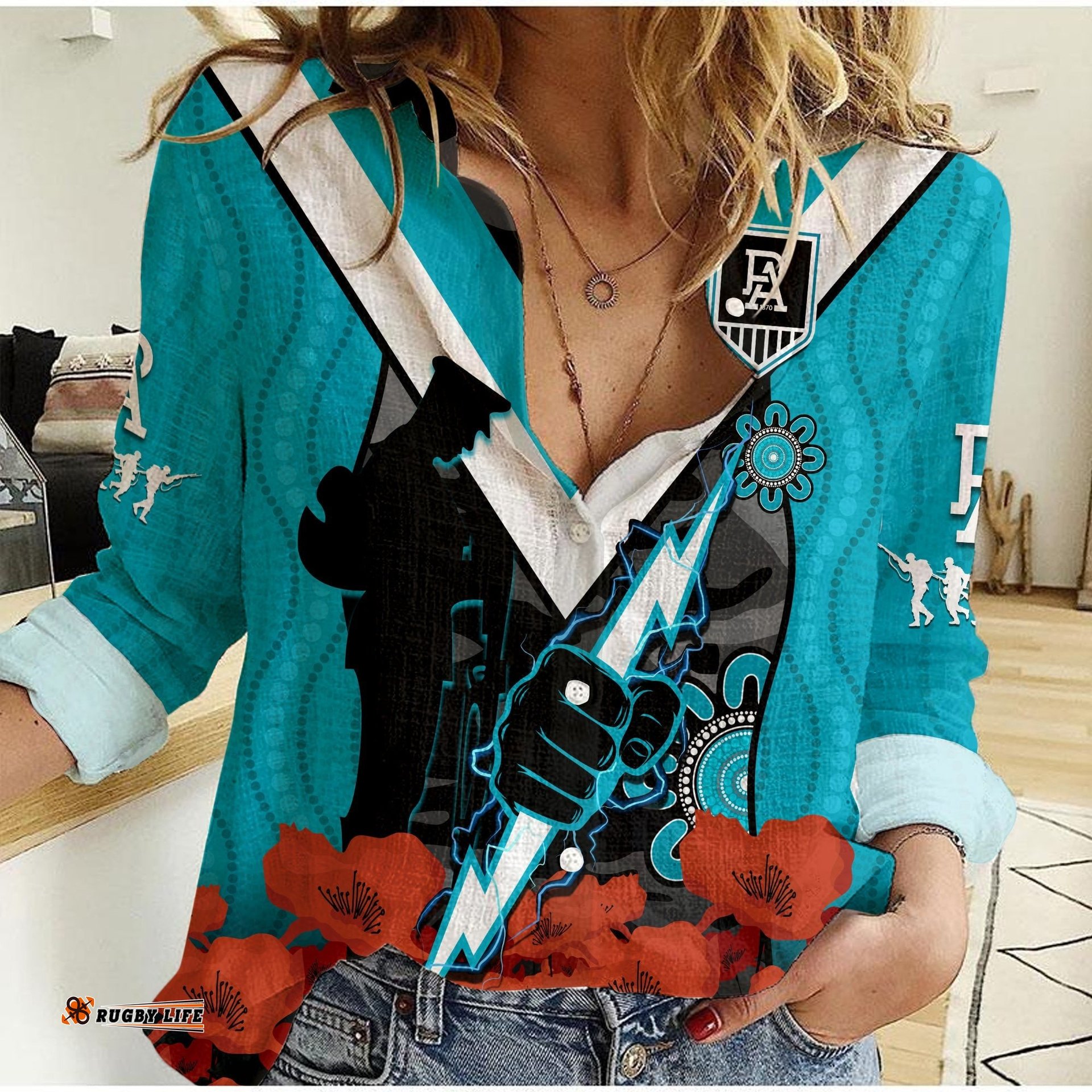 Port Adelaide Football ANZAC 2023 Women Casual Shirt Power Aboriginal Mix Poppy Camouflage