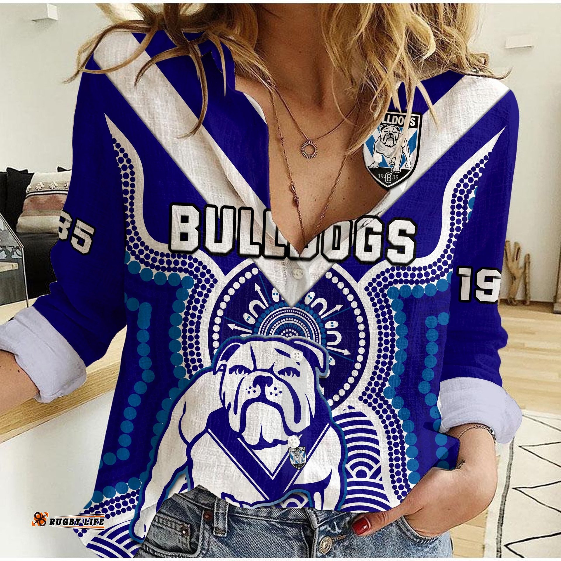 Custom Text And Number Bulldogs Rugby Women Casual Shirt Canterbury Bankstown 1935 Indigenous Artsy