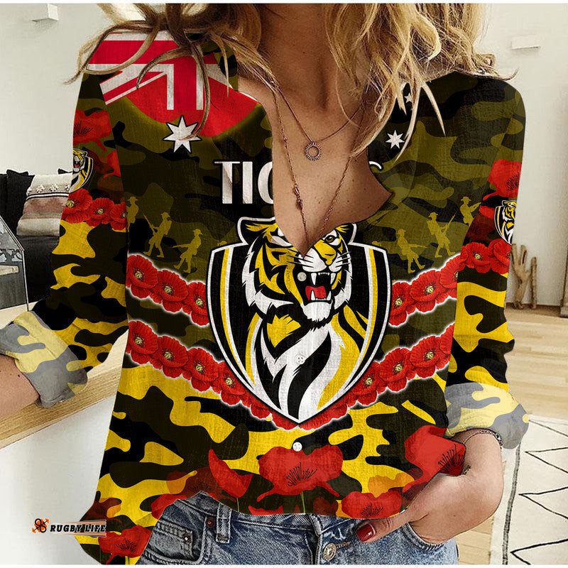 Custom Personalised Richmond Tigers Football ANZAC Women Casual Shirt Lest We Forget
