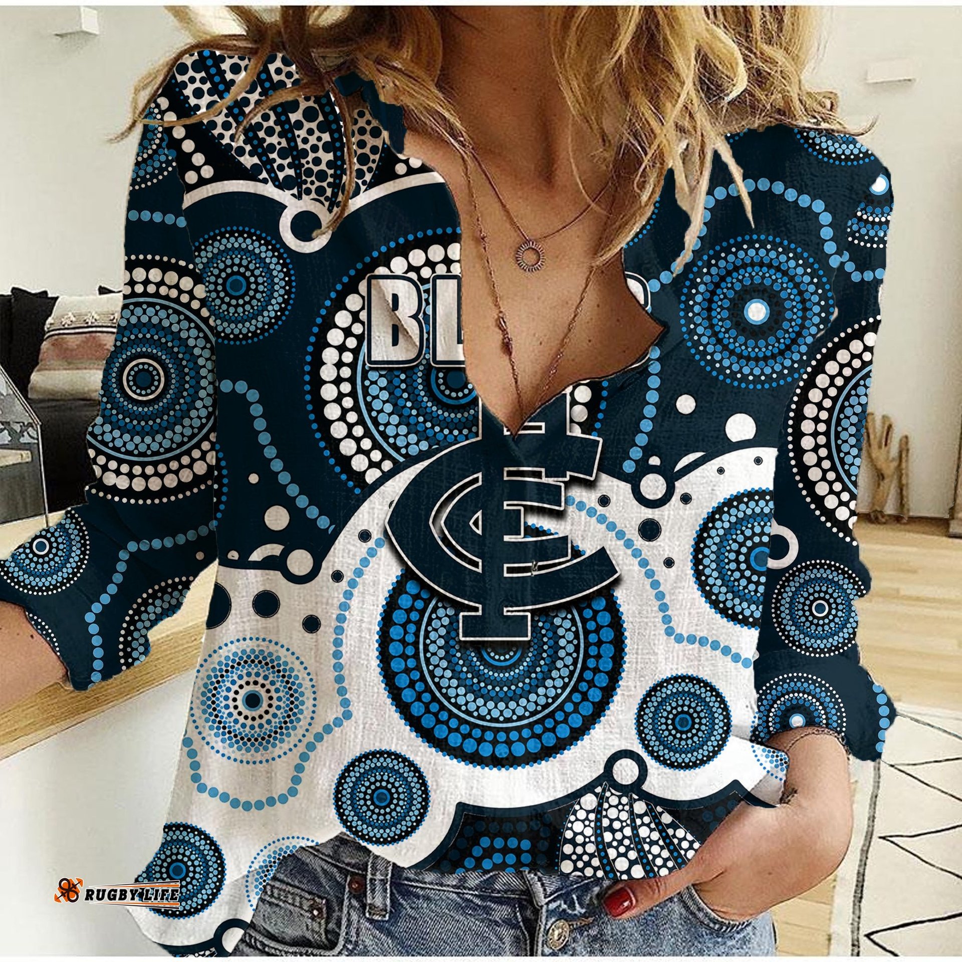 Custom Personalised And Number Blues AFL Women Casual Shirt Aboriginal Patterns
