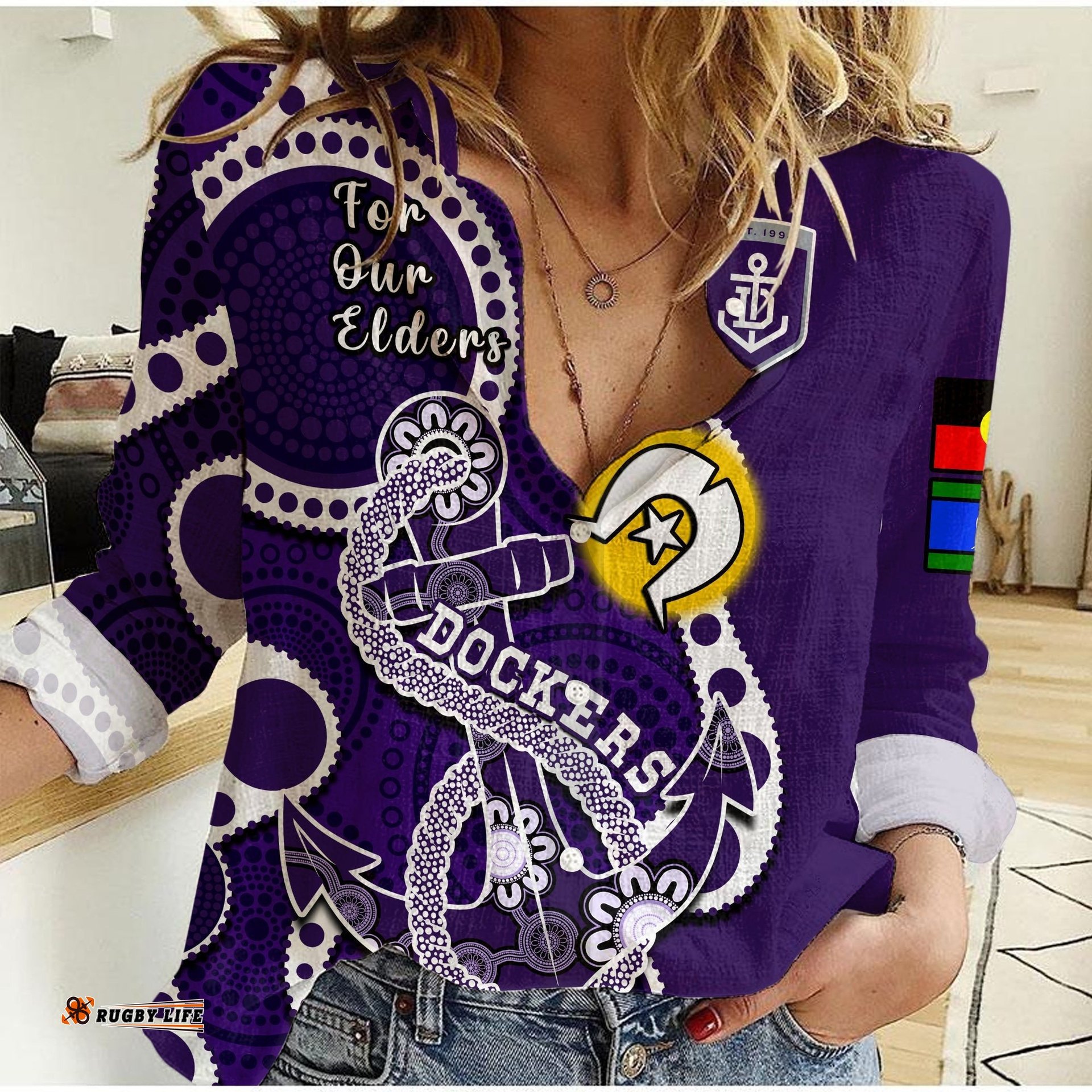Fremantle Football NAIDOC 2023 Women Casual Shirt Dockers For Our Elders Indigenous Art