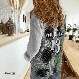 Custom Text and Number Aboriginal with Kangaroo Lizard Turtle and Dotted Crooked Stripes Pattern Women Casual Shirt