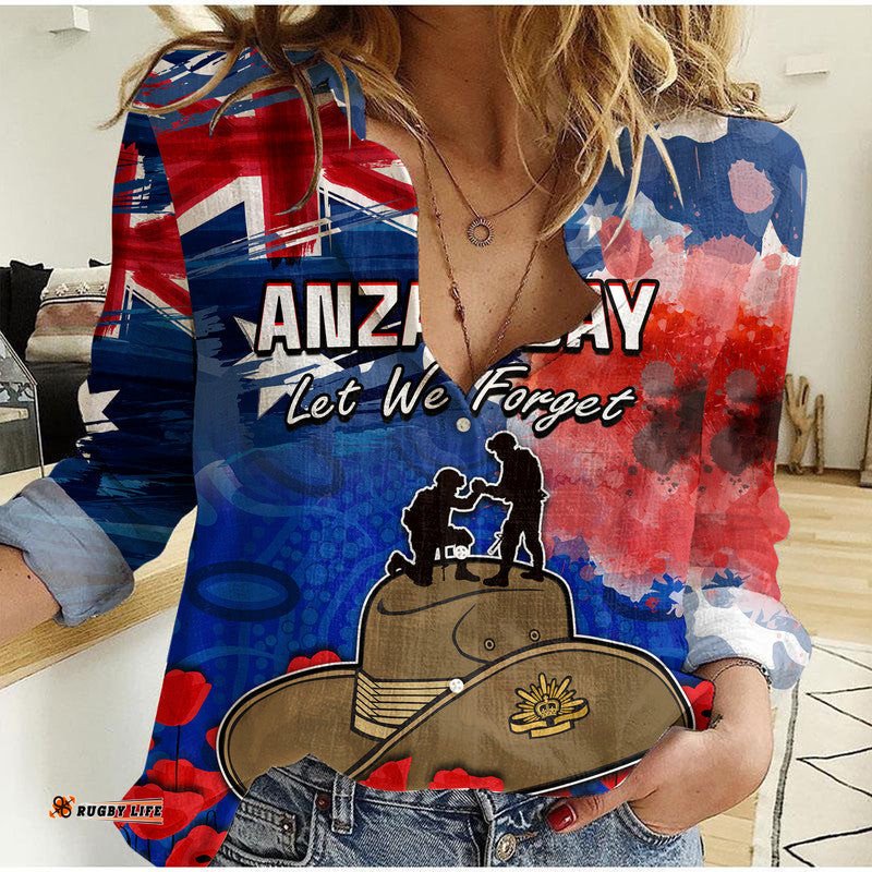 Australia ANZAC Day Women Casual Shirt Grunge Australia Flag and Red Poppy