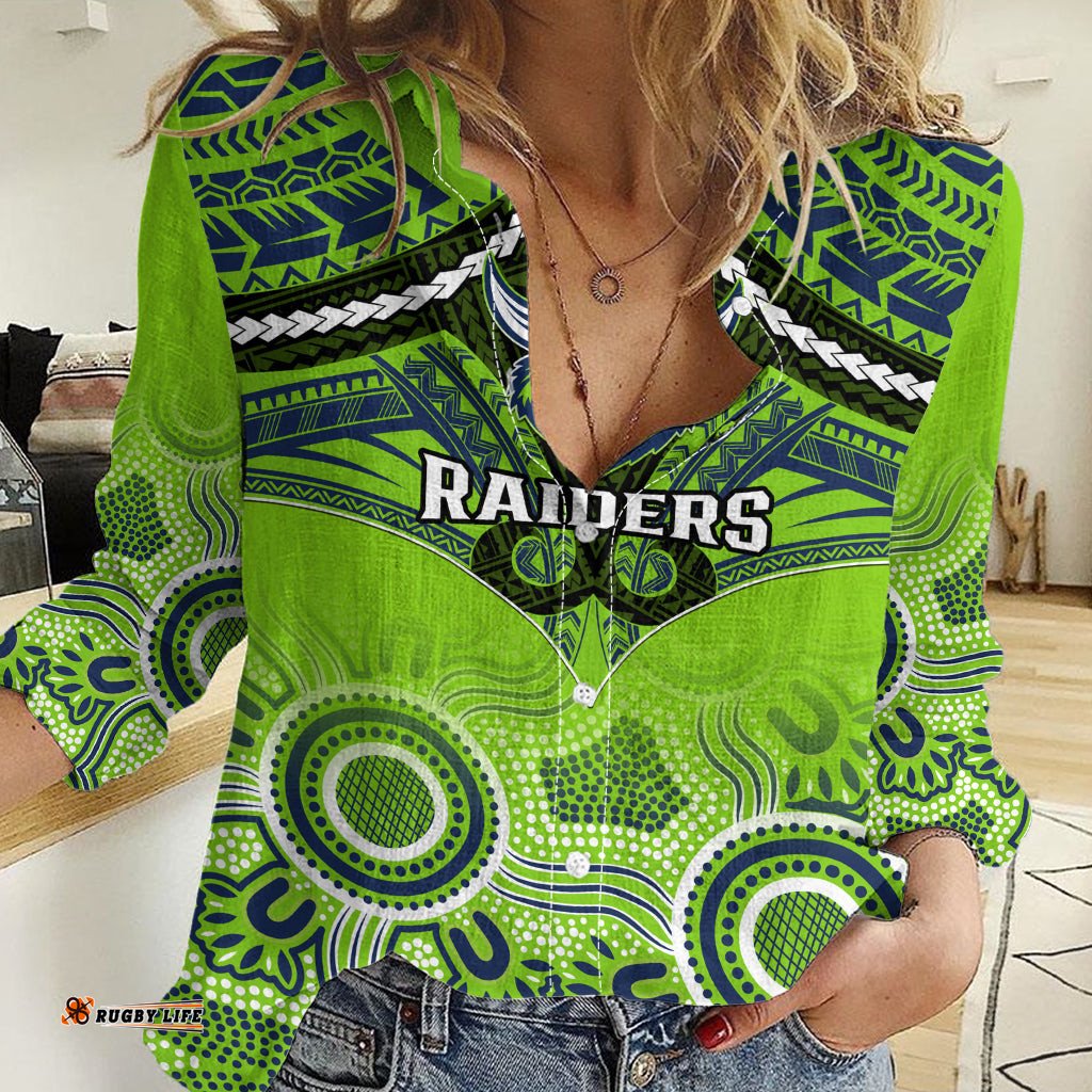 Personalised Raiders Rugby Women Casual Shirt Canberra 1981 Aboriginal Mix Polynesian Pattern