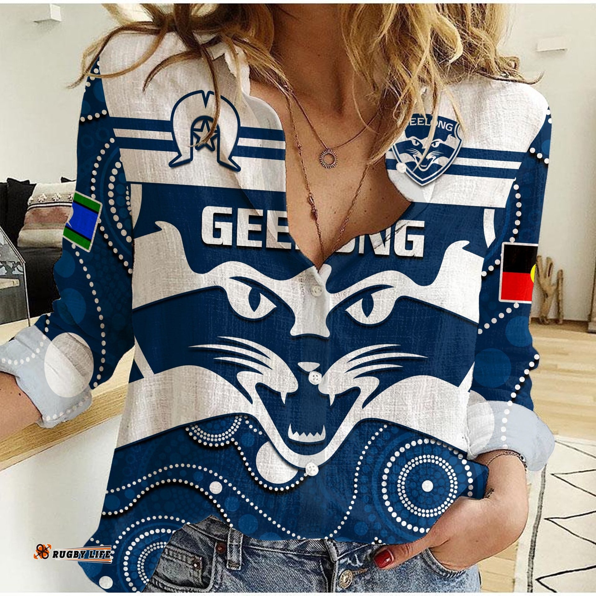 Geelong Football NAIDOC 2023 Women Casual Shirt Cats For Our Elders Indigenous Art