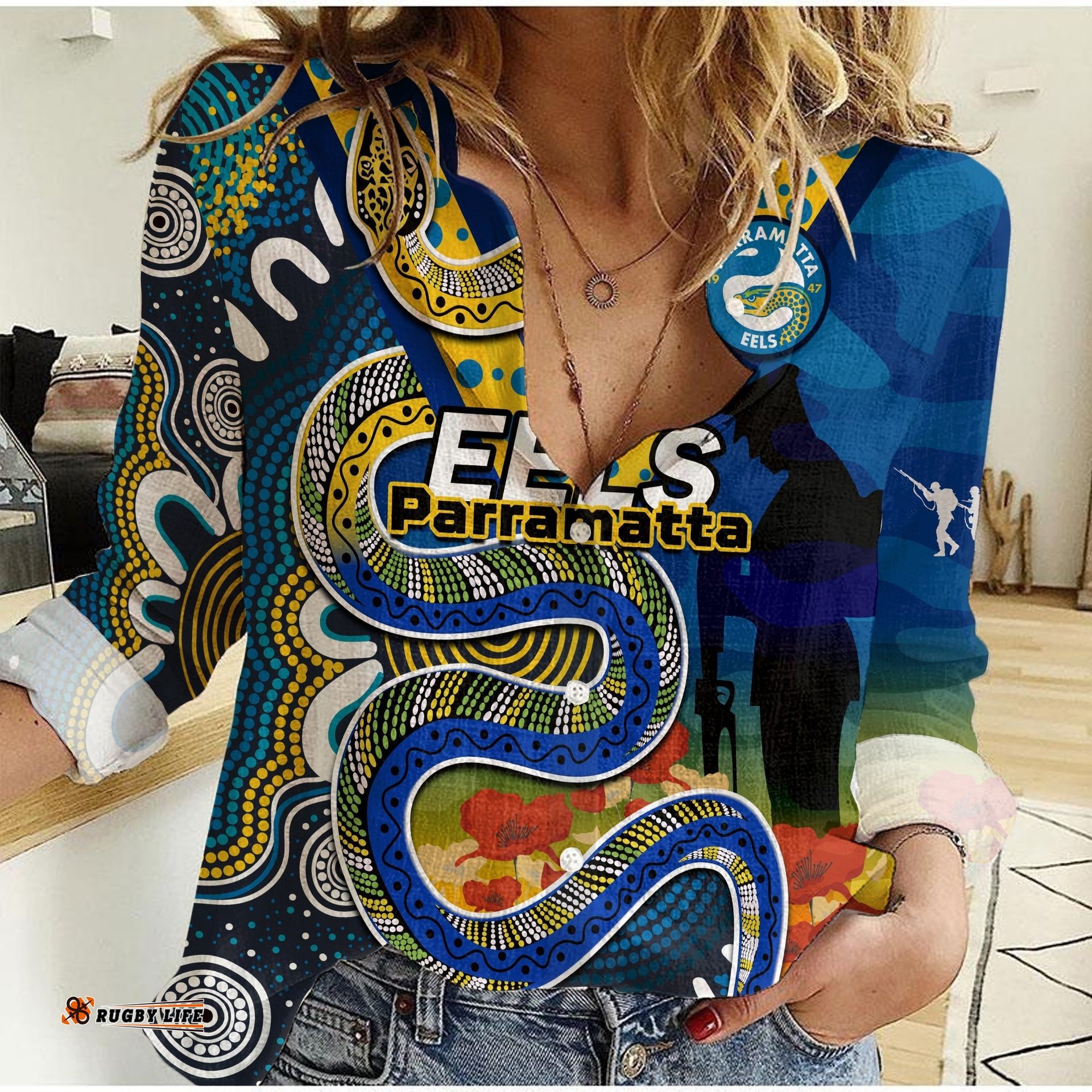 Custom Text And Number Eels Rugby ANZAC 2023 Women Casual Shirt Aboriginal Mix Poppy Lest We Forget