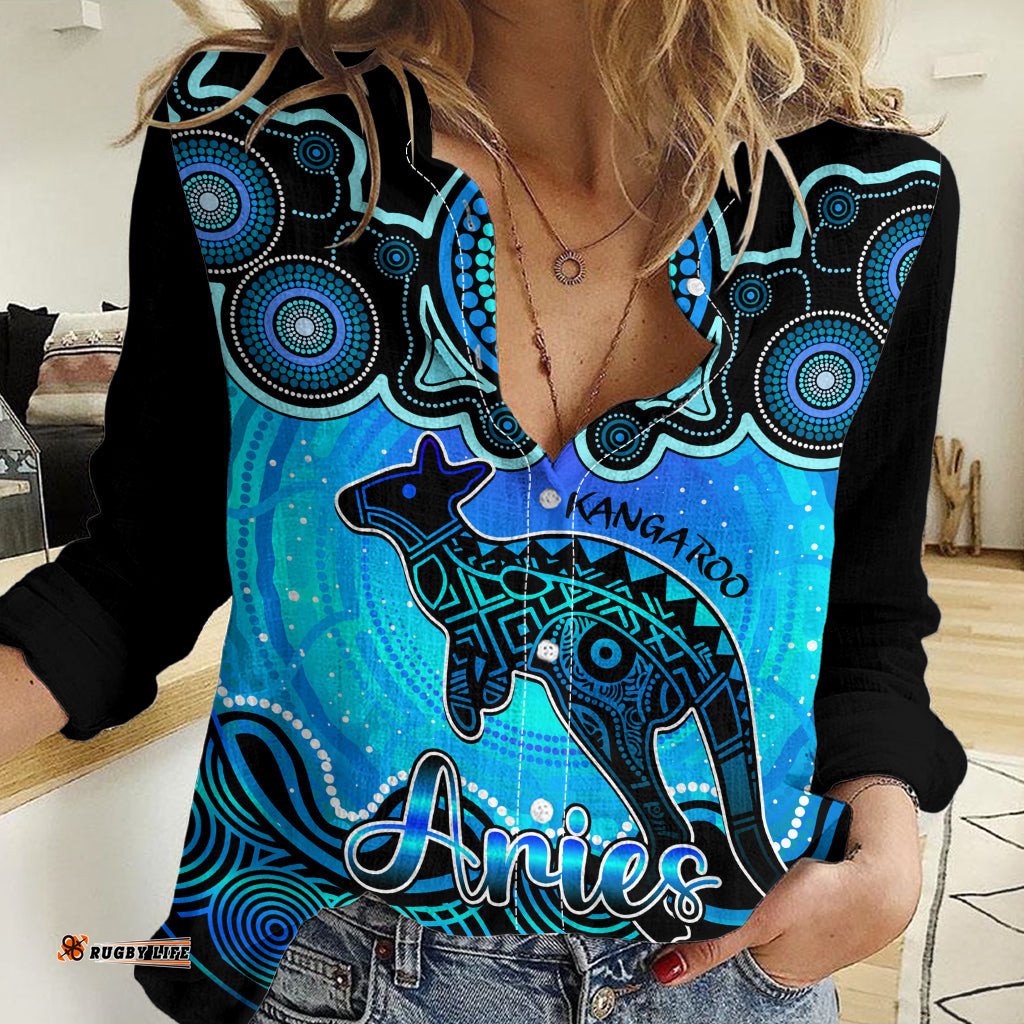 Personalised Australia Aries Kangaroo Zodiac Women Casual Shirt Auz Astrology Aboriginal - Aqua