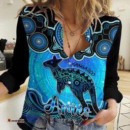 Personalised Australia Aries Kangaroo Zodiac Women Casual Shirt Auz Astrology Aboriginal - Aqua