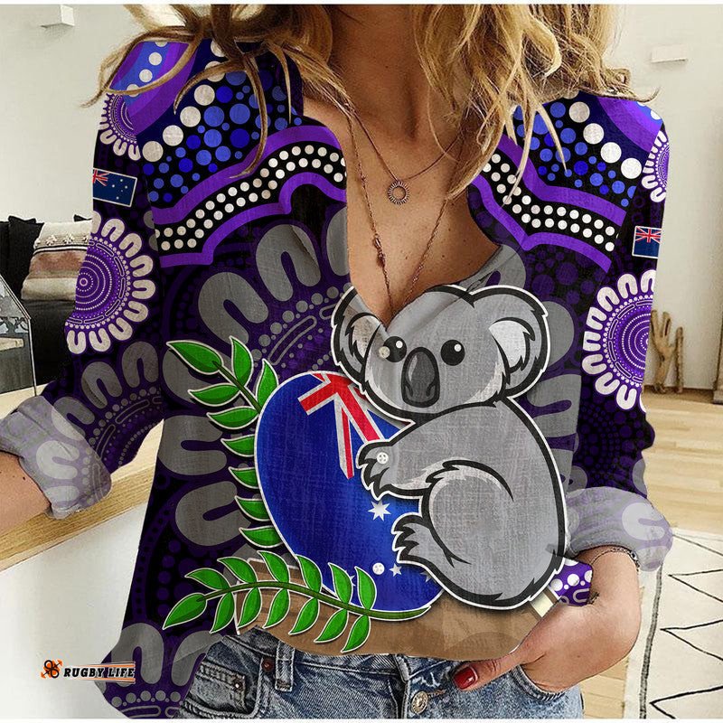Australia Koala Aboriginal Women Casual Shirt Koala Hugging Rugby Ball Purple