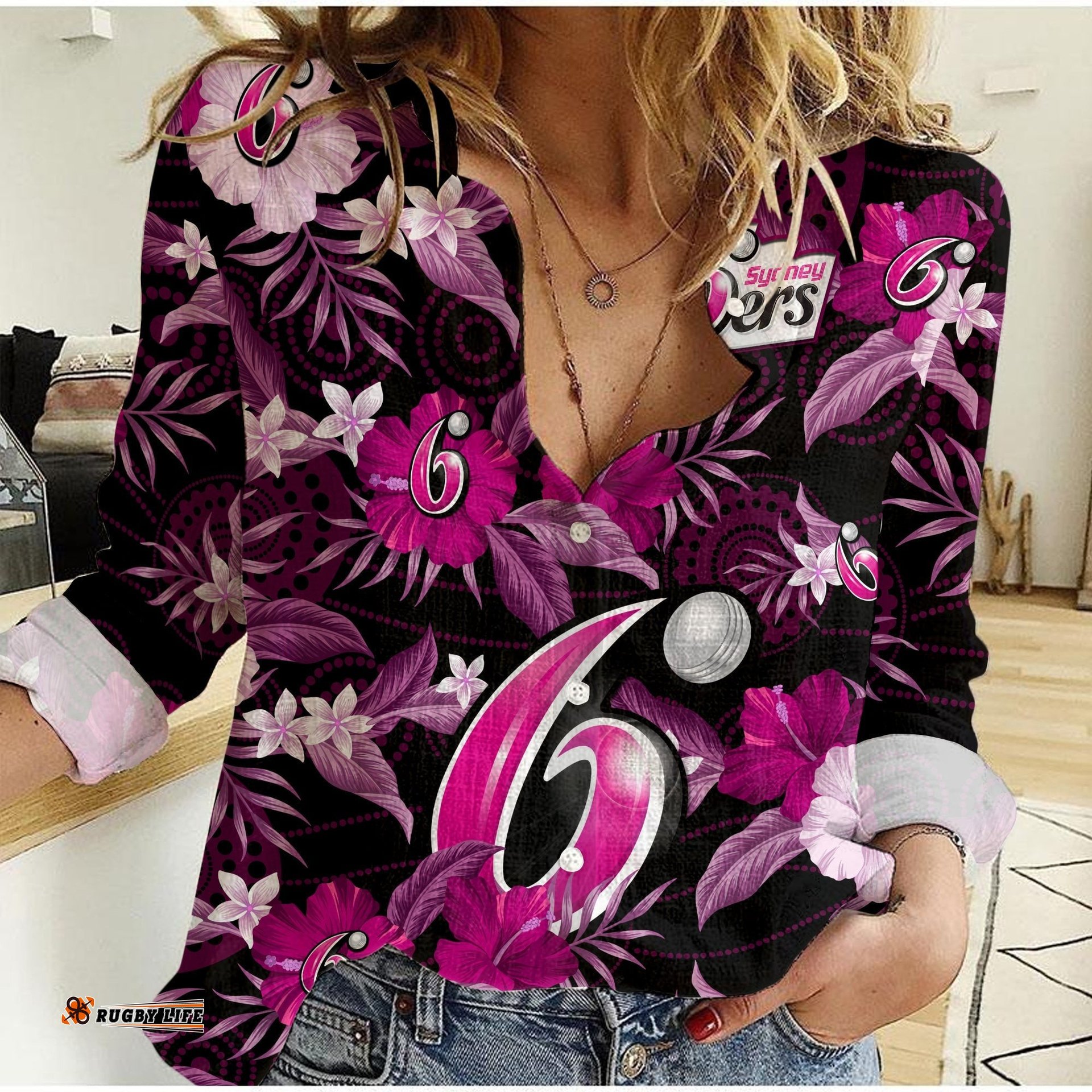 Sydney Sixers Cricket Women Casual Shirt Aboriginal Art Mix Tropical Flowers