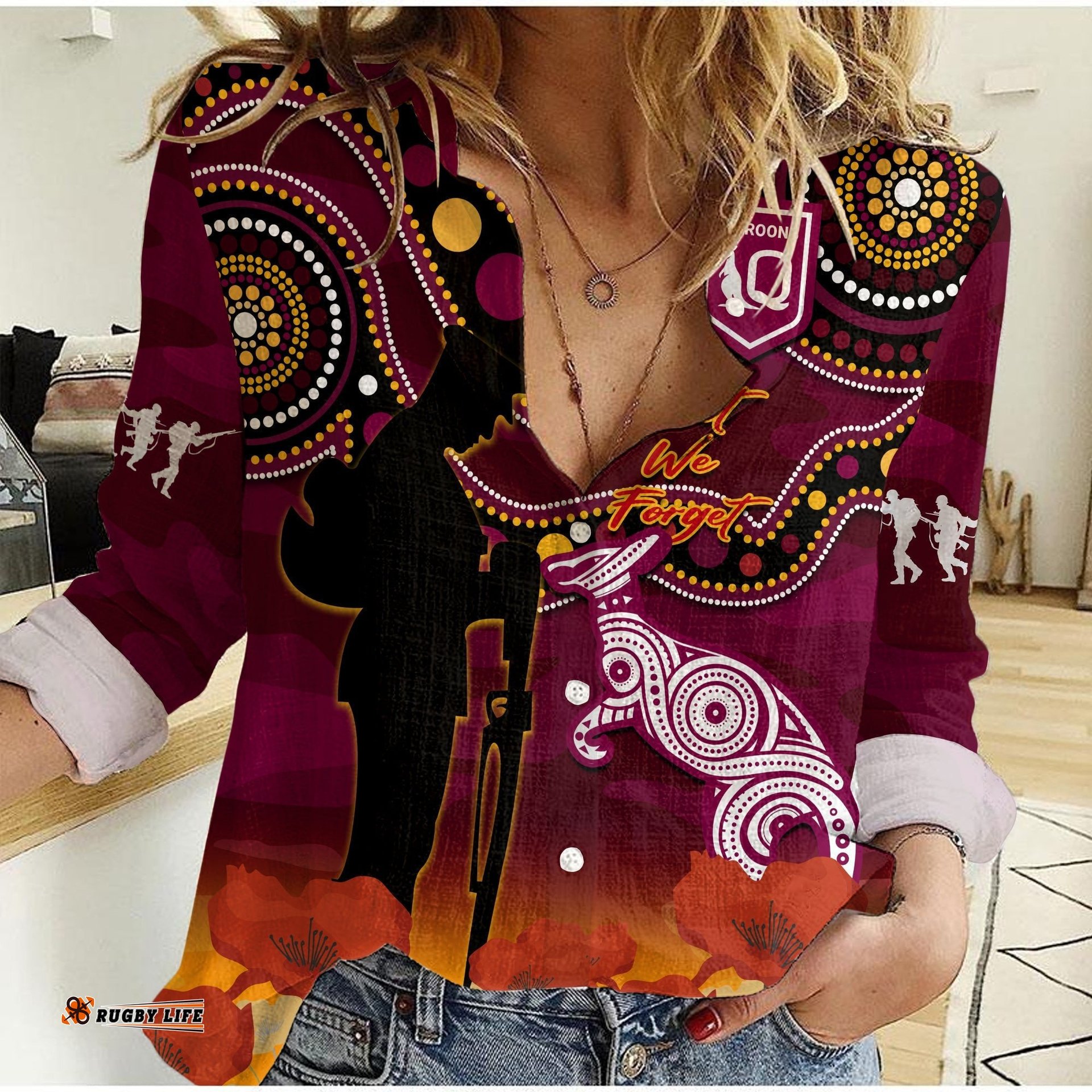Maroons Rugby ANZAC 2023 Women Casual Shirt QLD Aboriginal Mix Poppy Camouflage