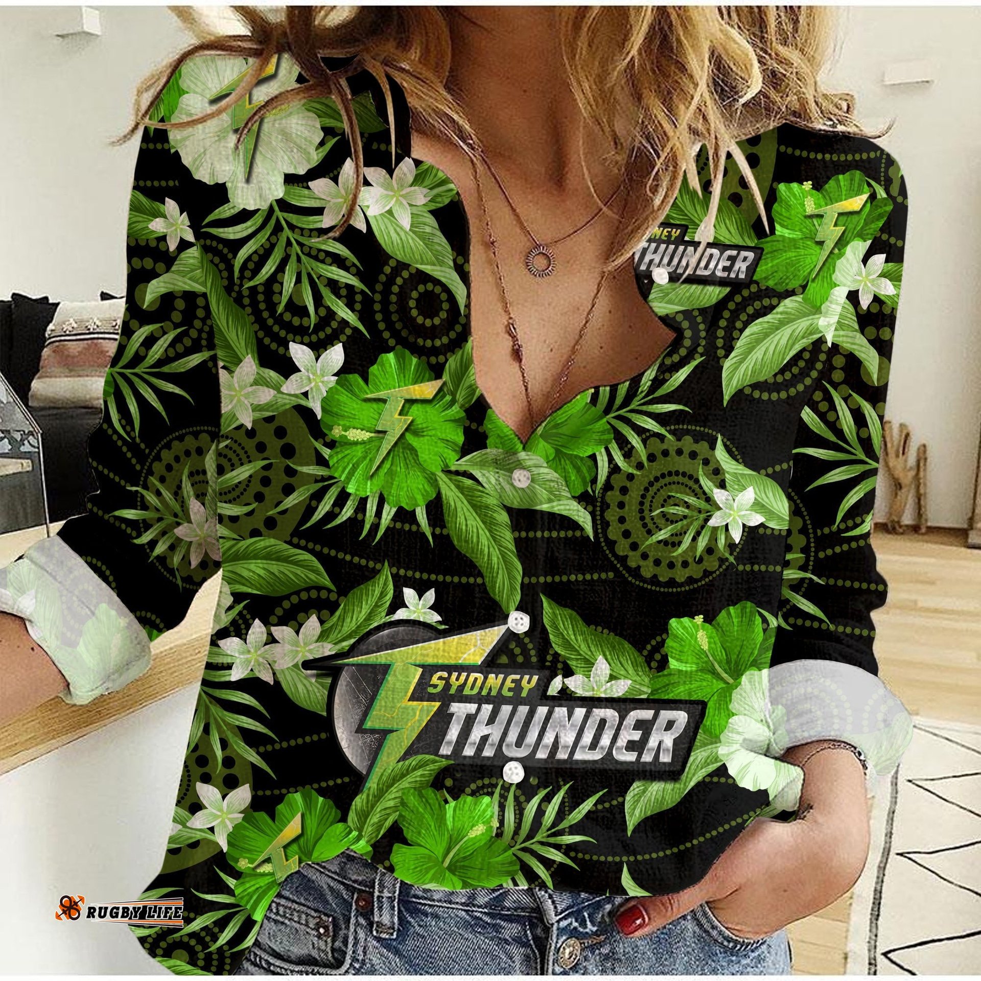 Custom Text And Number Sydney Thunder Cricket Women Casual Shirt Aboriginal Art Mix Tropical Flowers