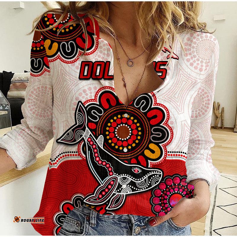 Dolphins Rugby Women Casual Shirt Indigenous Circles and Waves White