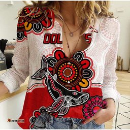 Dolphins Rugby Women Casual Shirt Indigenous Circles and Waves White
