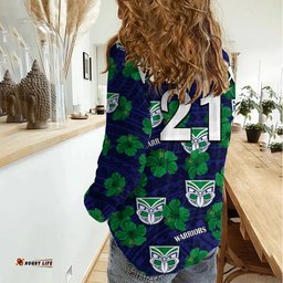 Custom Text And Number New Zealand Warriors Rugby Women Casual Shirt Polynesian Style With Hibiscus