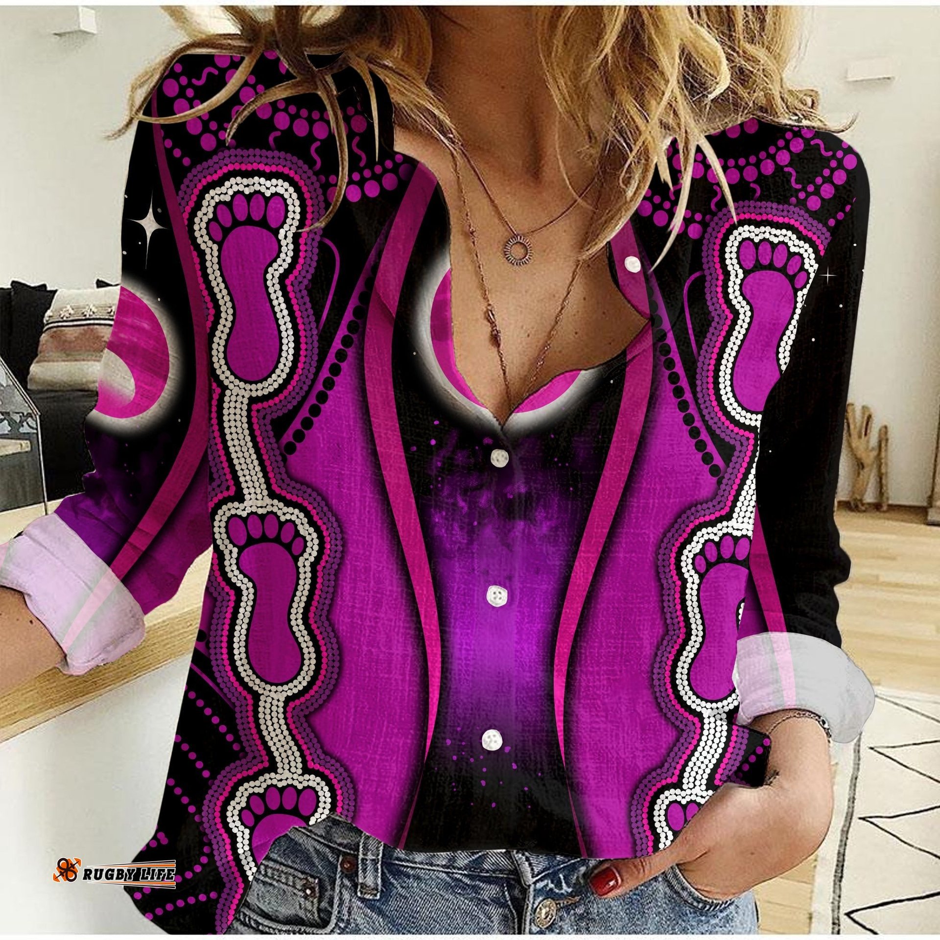 Custom Personalised Australian Aboriginal Flags Symbolic Meaning Purple Women Casual Shirt