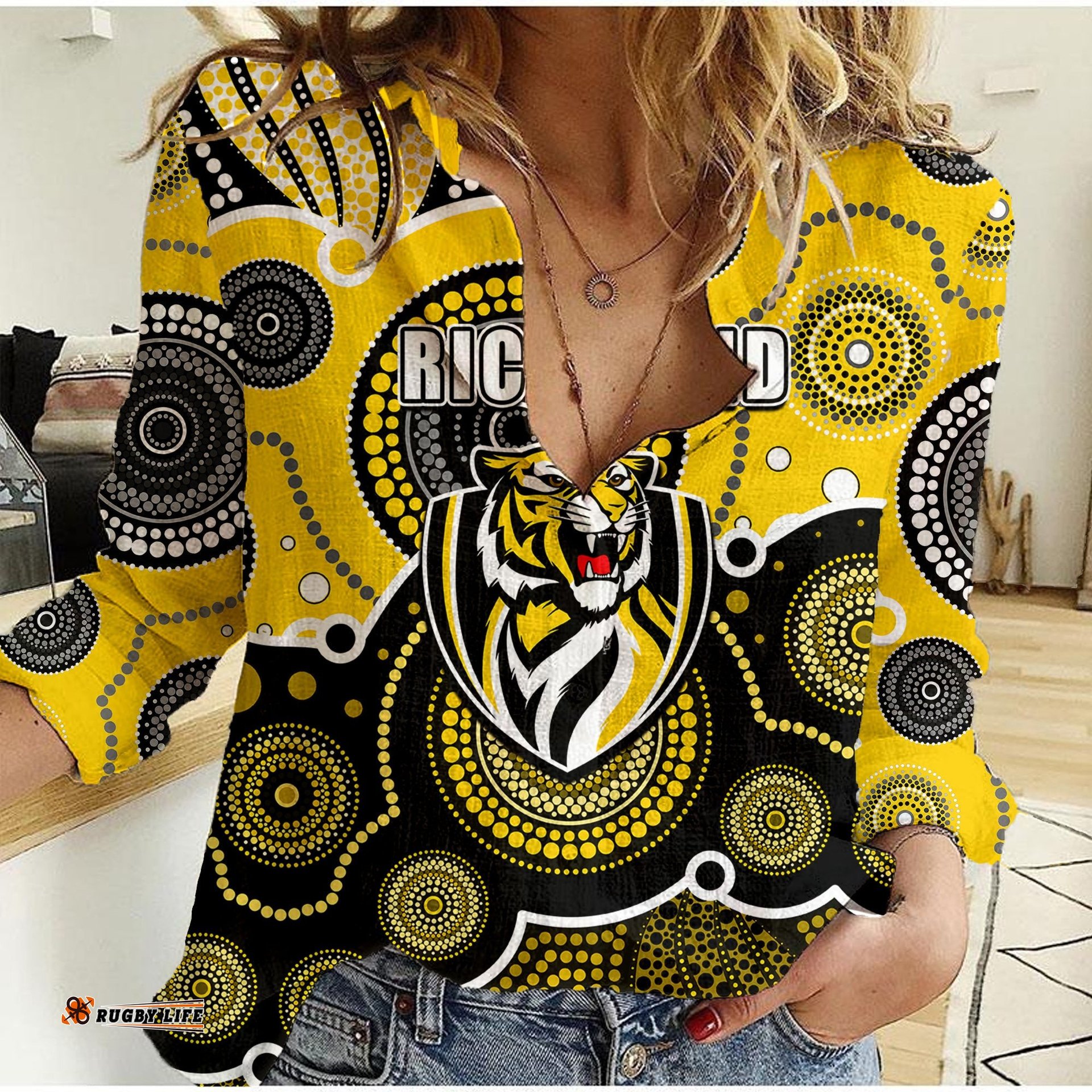 Custom Personalised And Number Yellow AFL Women Casual Shirt Aboriginal Patterns