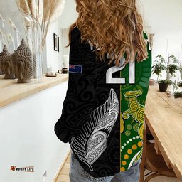 Custom Personalised Aotearoa Rugby All Black Combine Australia Wallabies Women Casual Shirt Aboriginal Kangaroo And Maori Fern