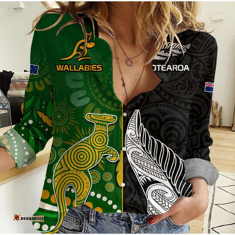 Custom Personalised Aotearoa Rugby All Black Combine Australia Wallabies Women Casual Shirt Aboriginal Kangaroo And Maori Fern