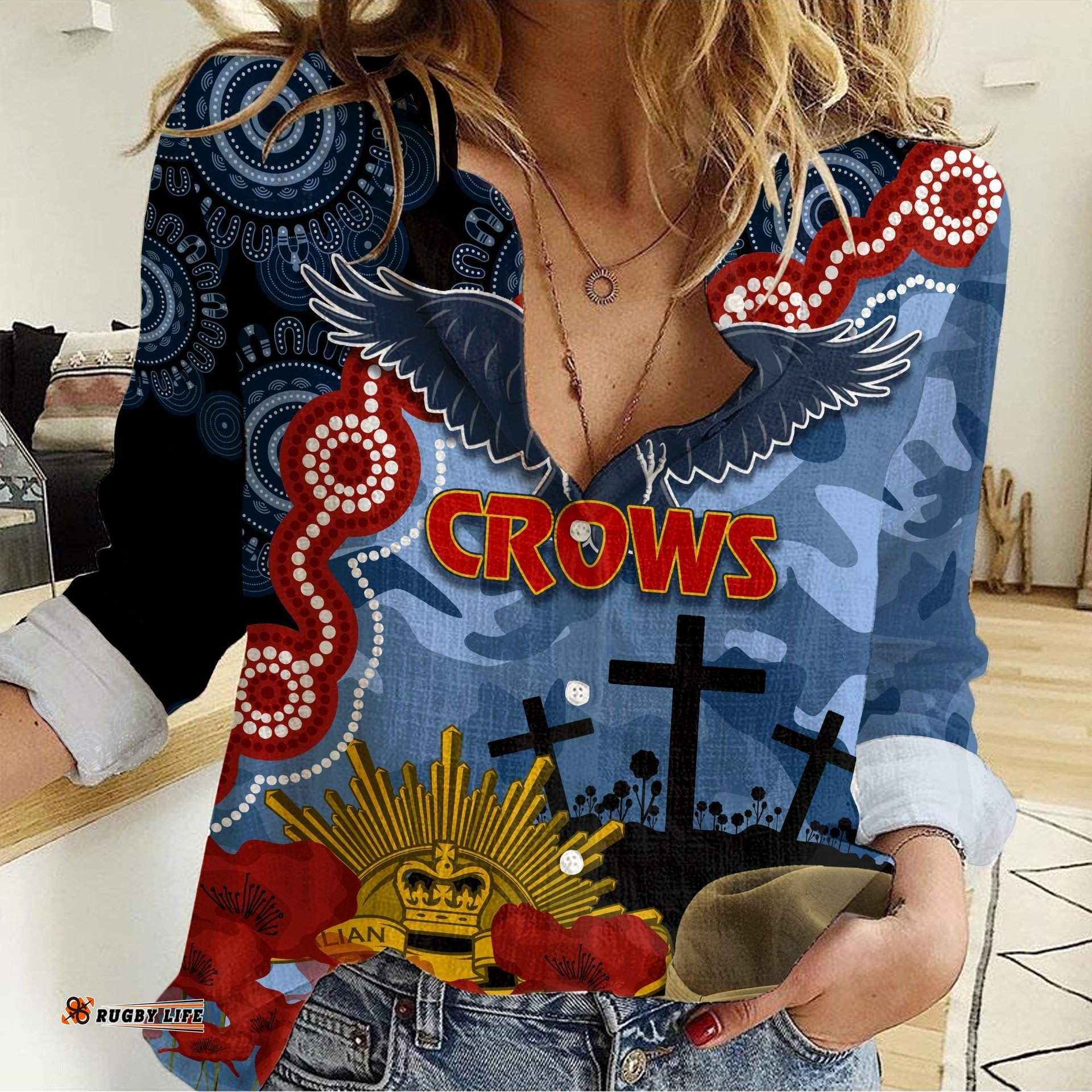 Crows Football ANZAC 2023 Women Casual Shirt Aboriginal Mix Slouch Hat