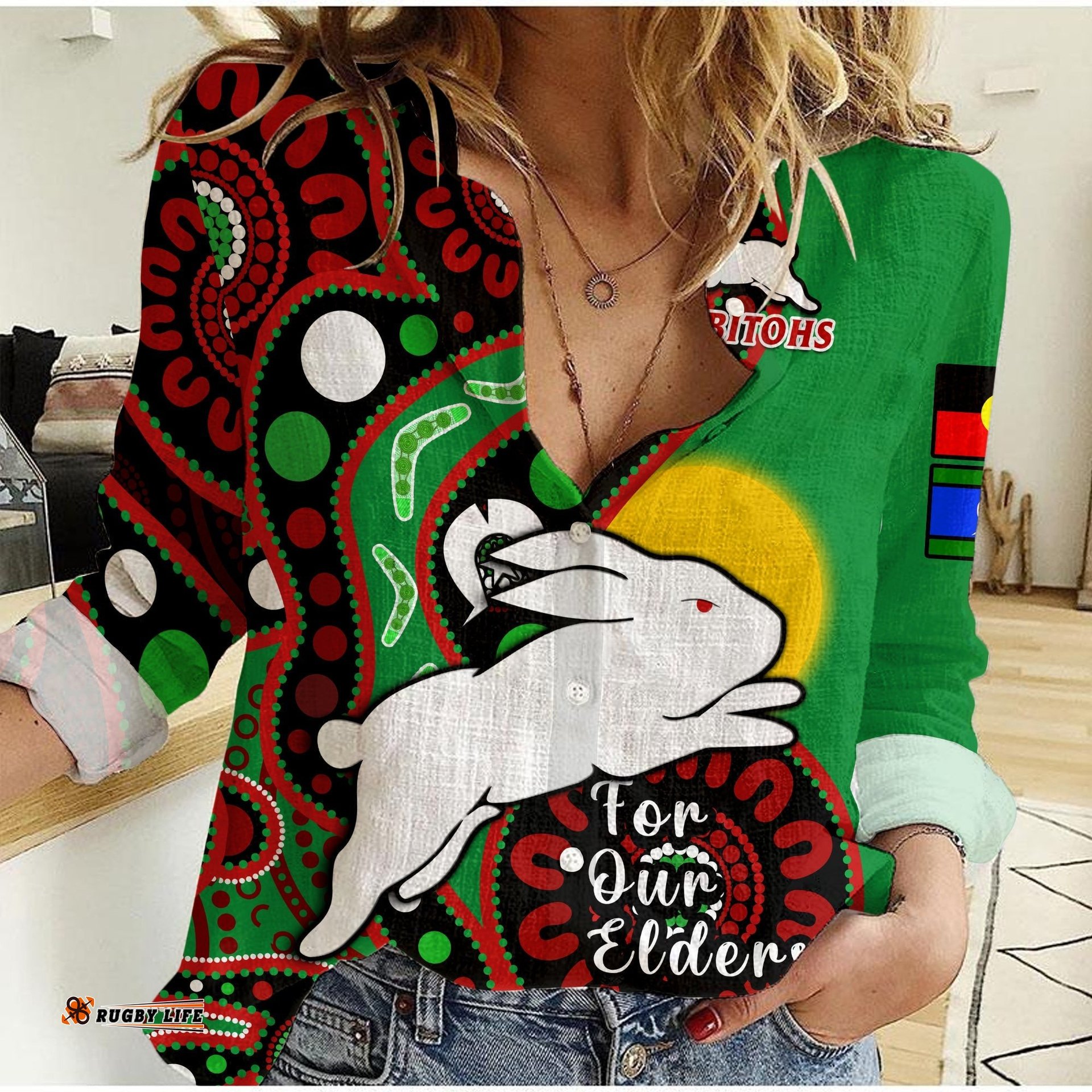 Rabbitohs Rugby NAIDOC 2023 Women Casual Shirt For Our Elders Aboriginal