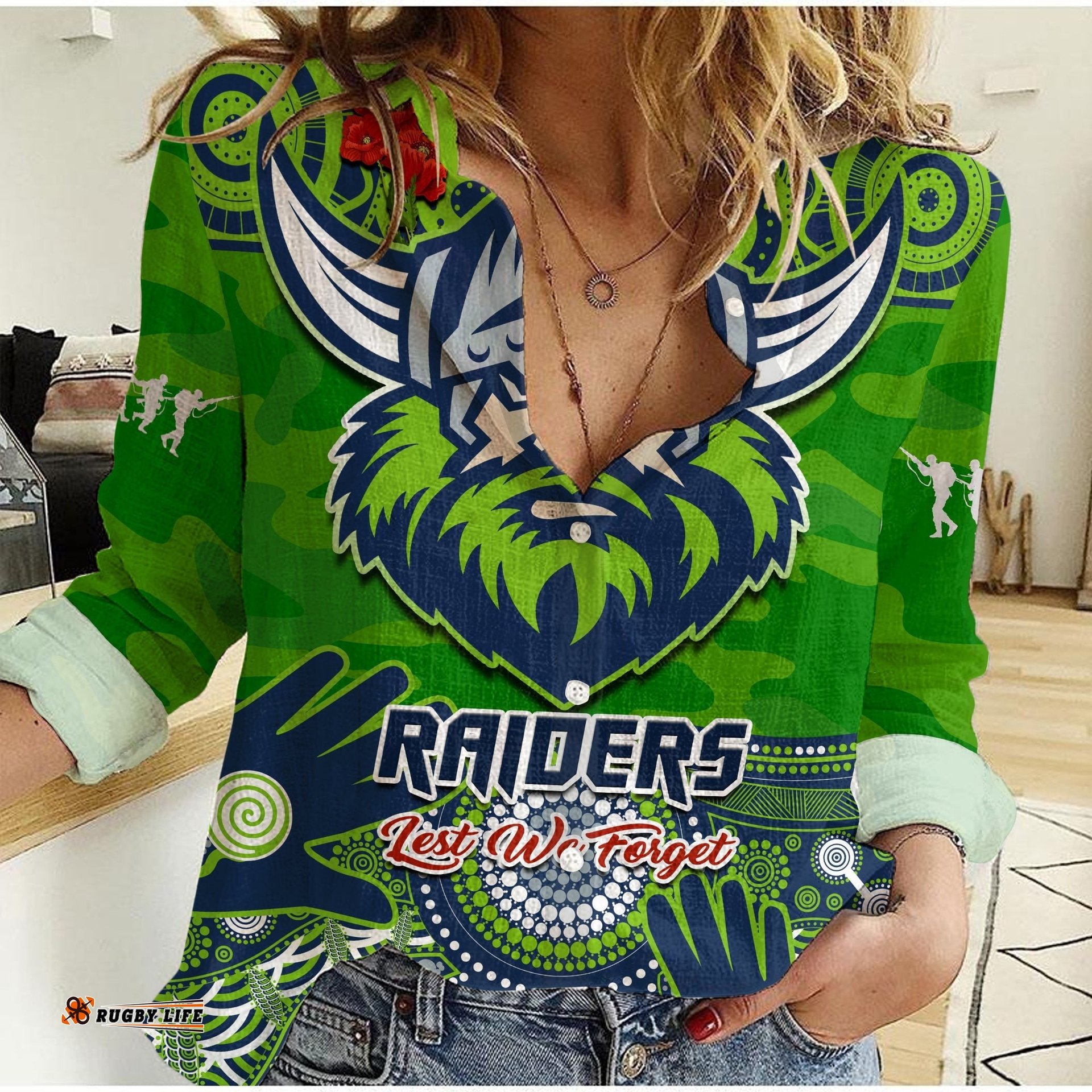 Custom Text And Number Raiders Rugby ANZAC 2023 Women Casual Shirt Dots Poppy Mix Camouflage Lest We Forget
