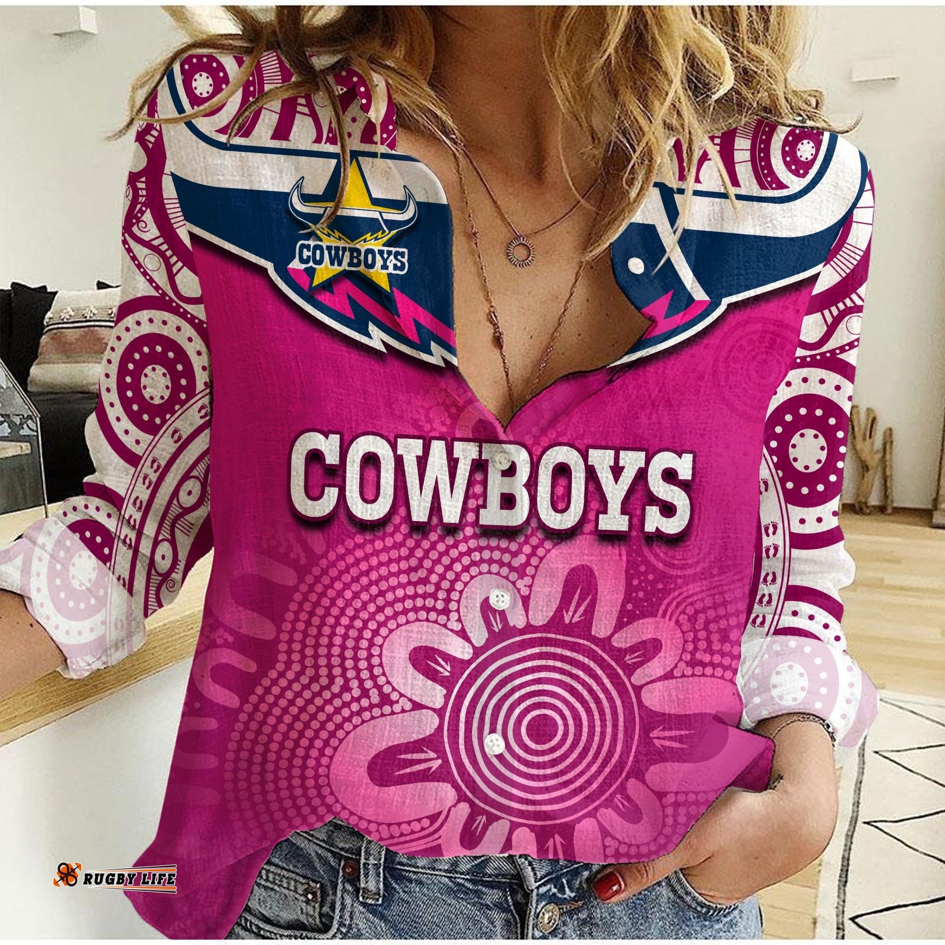 Custom Text And Number Cowboys Rugby Women Casual Shirt Aboriginal Pattern Pink Version