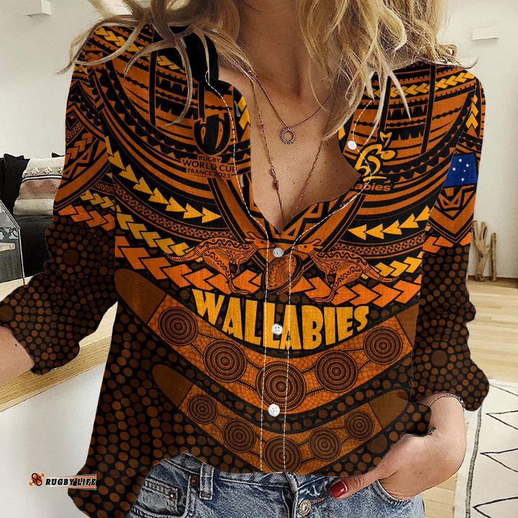 Custom Wallabies Rugby Women Casual Shirt Polynesian and Aboriginal Special Orange Version