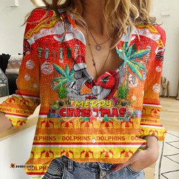 Dolphins Christmas Women Casual Shirt Merry Xmas NRL Australia Rugby