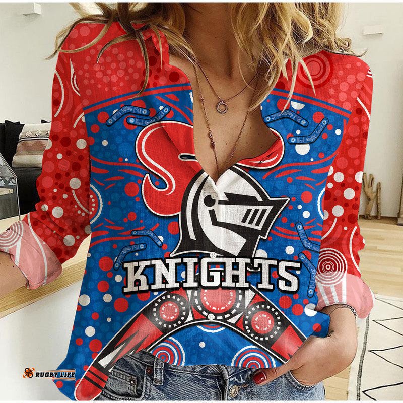 Custom Personalised Knights Rugby Women Casual Shirt Novocastrians Boomerang Indigenous Dots