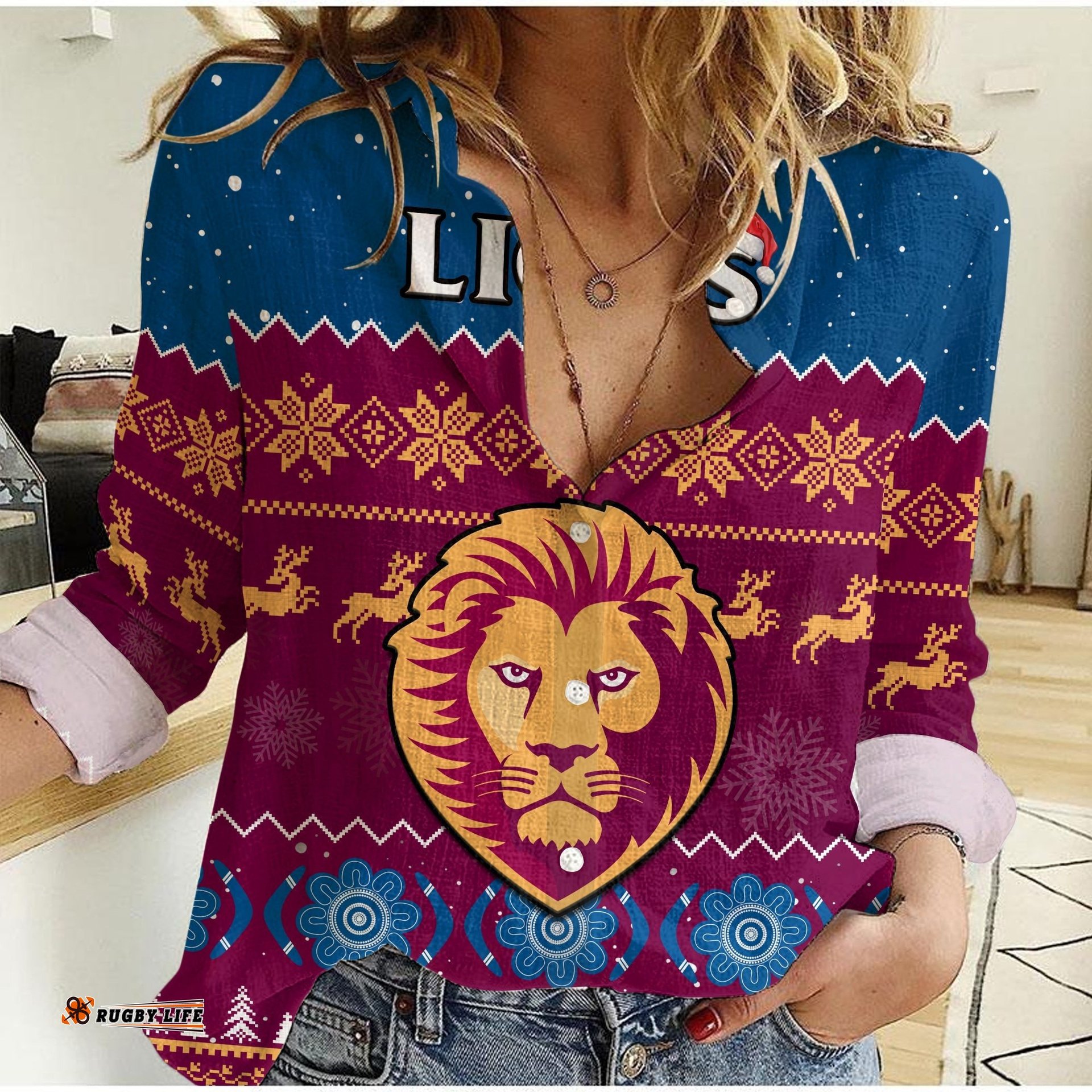 Custom Personalised Brisbane Football Women Casual Shirt Lions Indigenous Merry Christmas