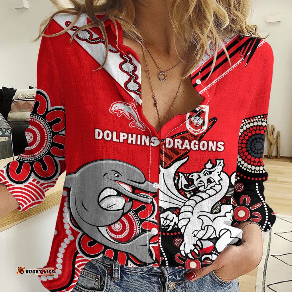 Custom Text And Number Dolphins And Dragons Rugby Women Casual Shirt Together Indigenous