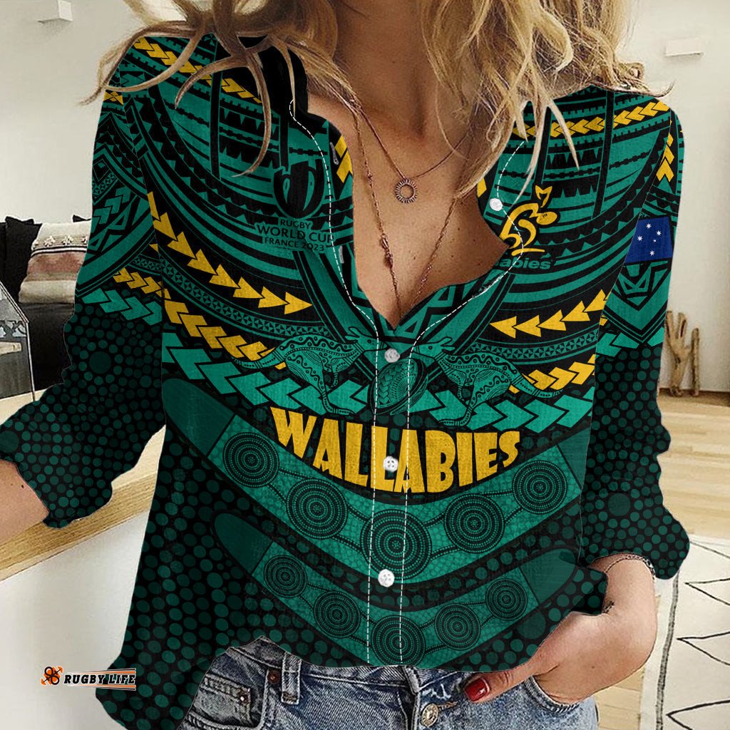 Custom Wallabies Rugby Women Casual Shirt Polynesian and Aboriginal Special Green Version