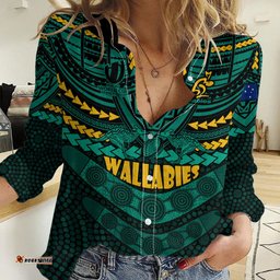 Custom Wallabies Rugby Women Casual Shirt Polynesian and Aboriginal Special Green Version