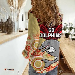 Dolphins Rugby Women Casual Shirt Aboriginal Mix Polynesian Pattern