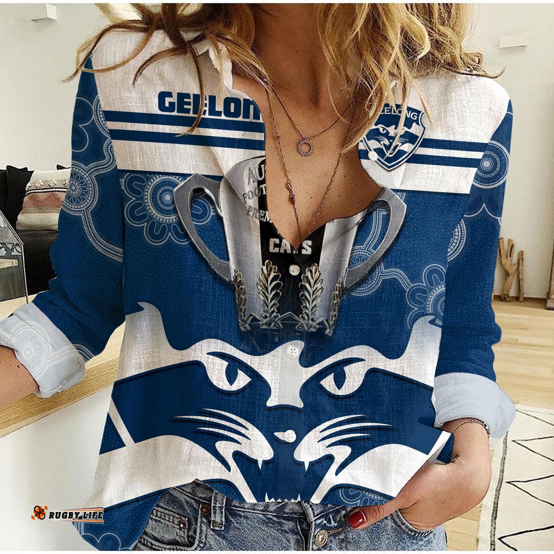 Cats Football Women Casual Shirt Geelong Premiers 2022 Aboriginal