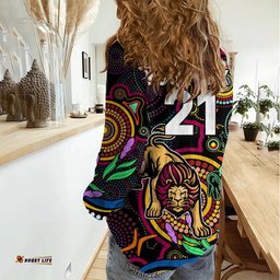 Custom Lions Football Aboriginal Art Women Casual Shirt NAIDOC Indigenous Tribal