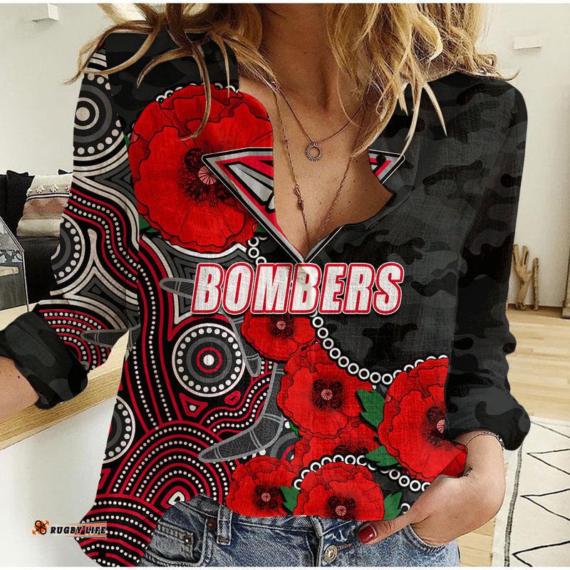 Custom Personalised Anzac Day AFL-Bombers Army Mix Aboriginal Women Casual Shirt