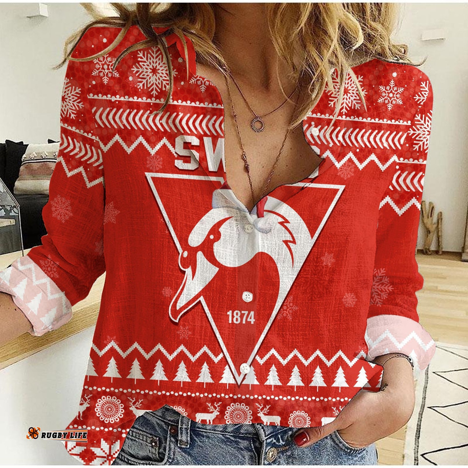 Custom Personalised Swans Football Christmas Women Casual Shirt Sydney Indigenous Merry Xmas