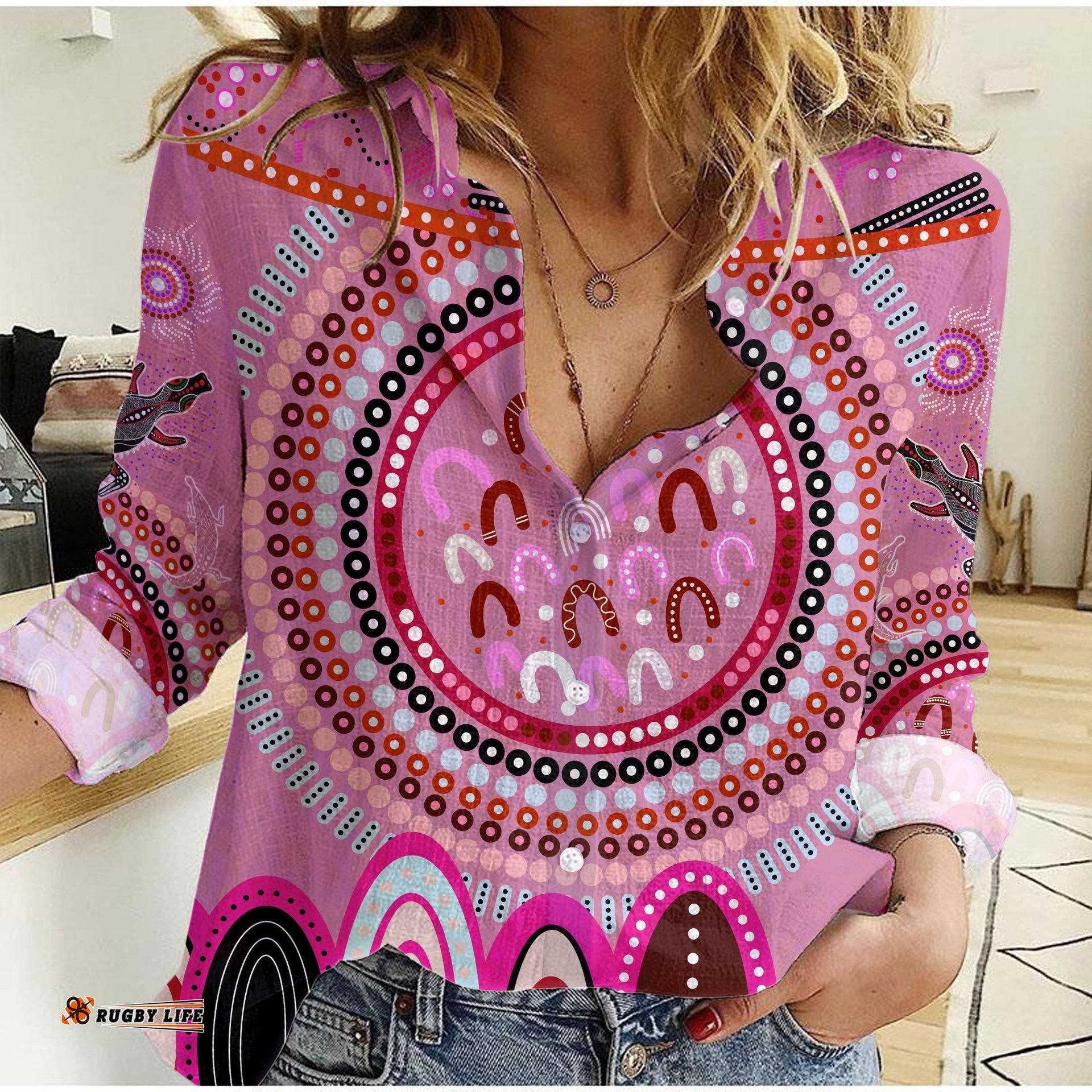 Custom Text and Number Aboriginal Stand Up Women Casual Shirt Circle Dot with Lizard Version Pink