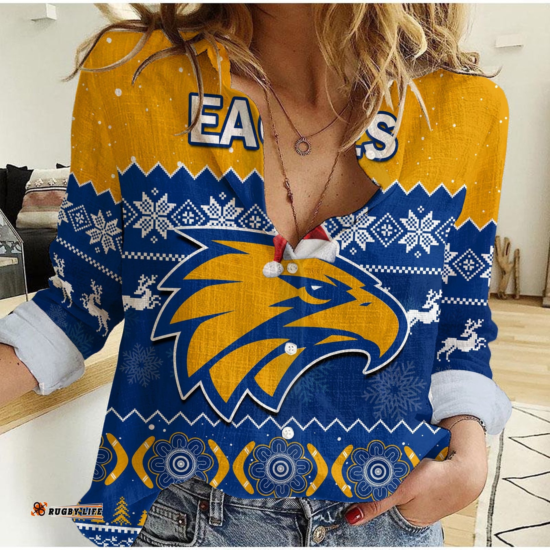West Coast Football Women Casual Shirt Eagles Indigenous Merry Christmas