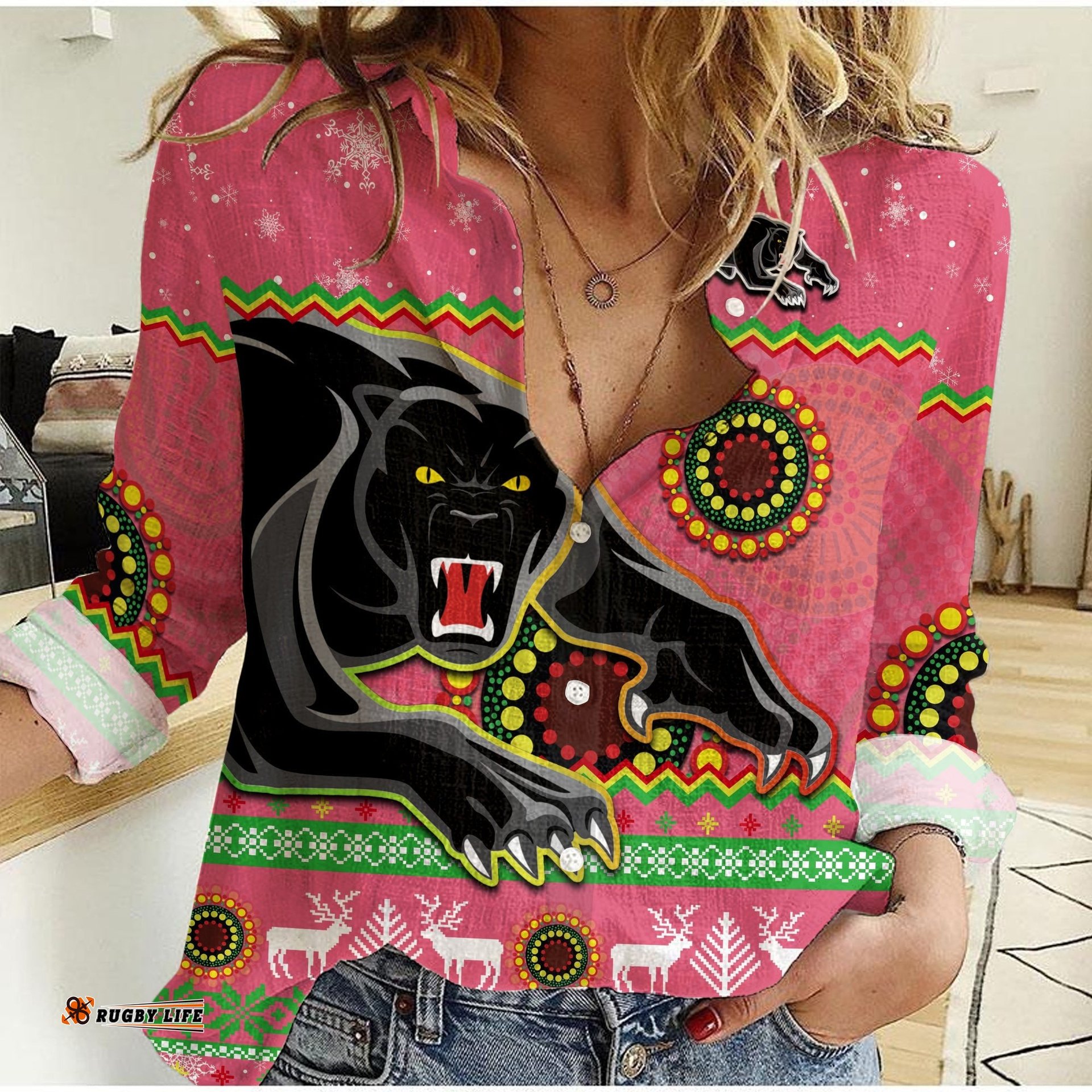 Panthers Christmas Women Casual Shirt Aboriginal Pattern Penrith Pink Version