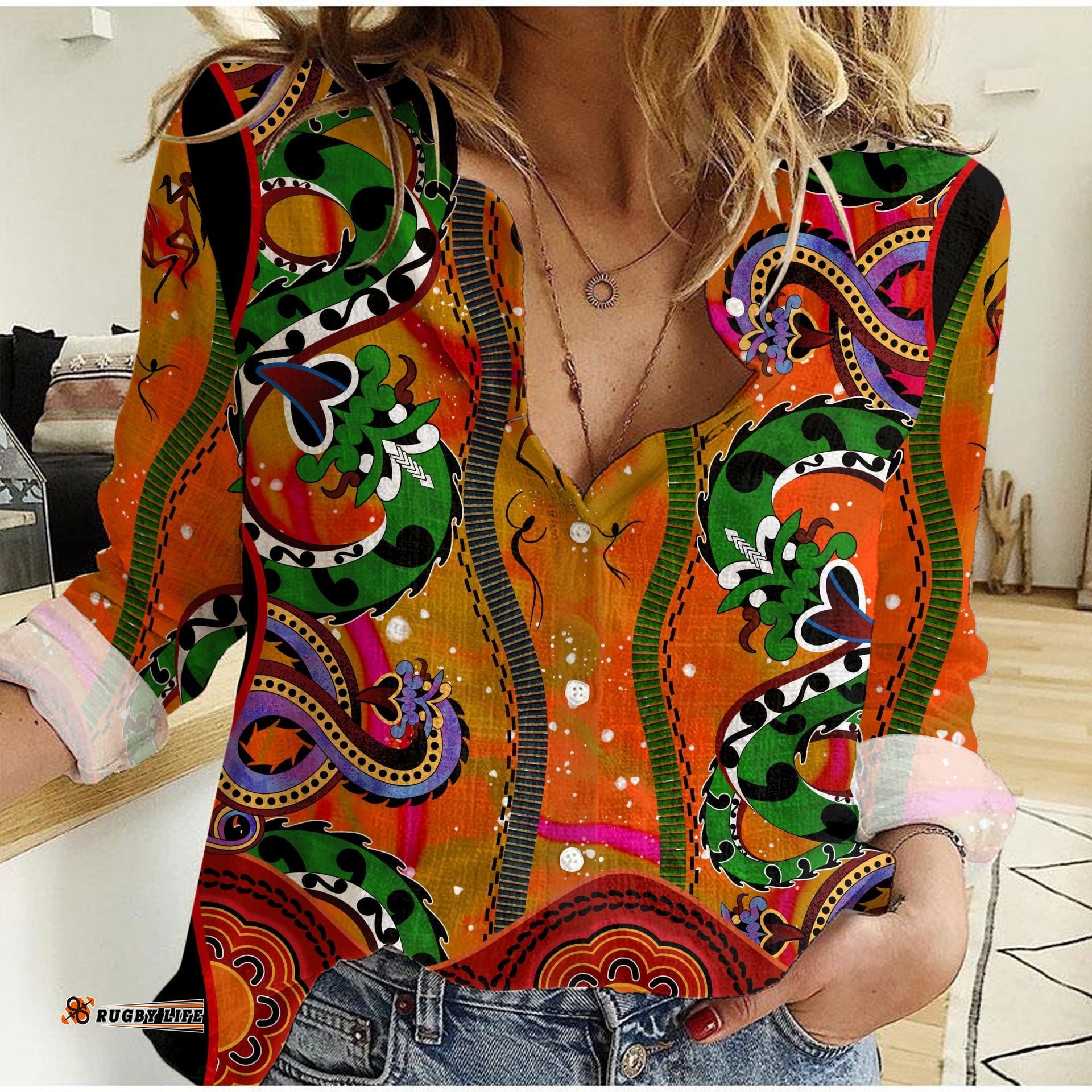 Custom Text and Number Women Casual Shirt Aboriginal Aussie Indigenous Patterns Orange