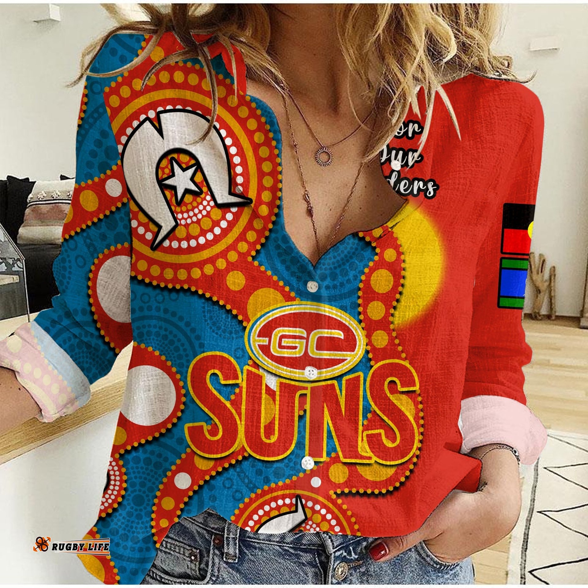 Custom Text And Number Gold Coast Football NAIDOC 2023 Women Casual Shirt Suns Indigenous For Our Elders