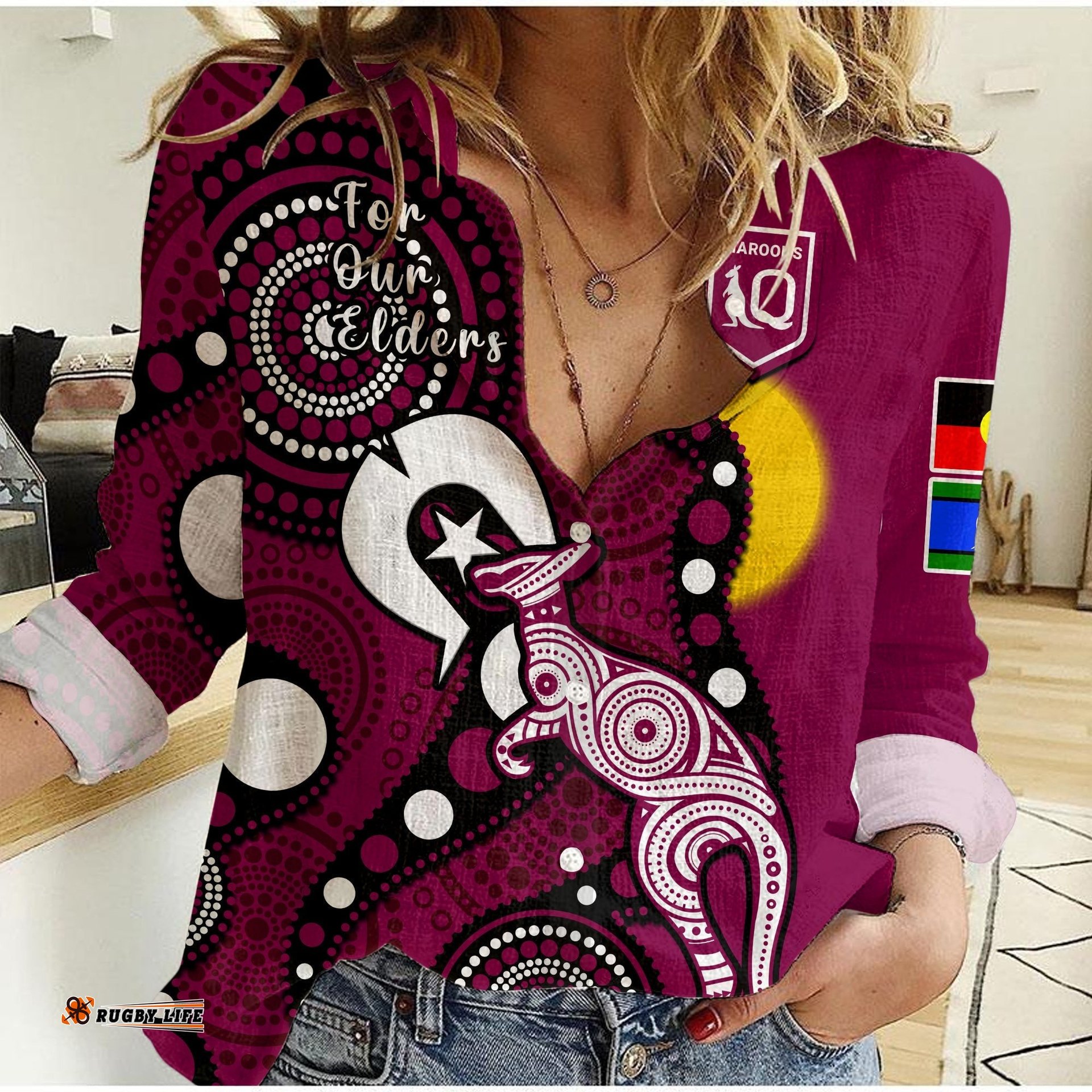 Custom Text And Number Maroons Rugby NAIDOC 2023 Women Casual Shirt QLD For Our Elders Indigenous Art