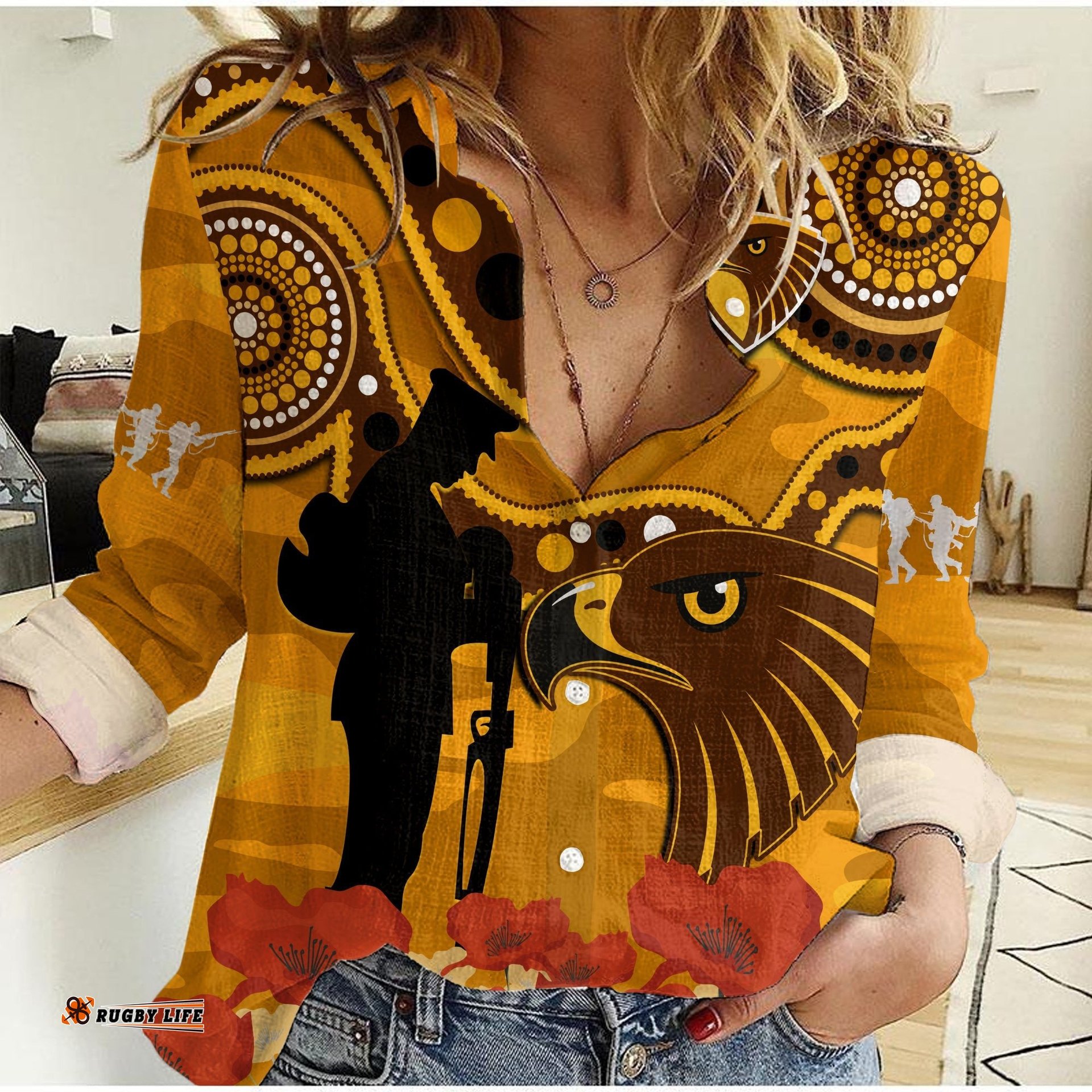 Custom Text And Number Hawks Football ANZAC 2023 Women Casual Shirt Indigenous Mix Poppy Camouflage