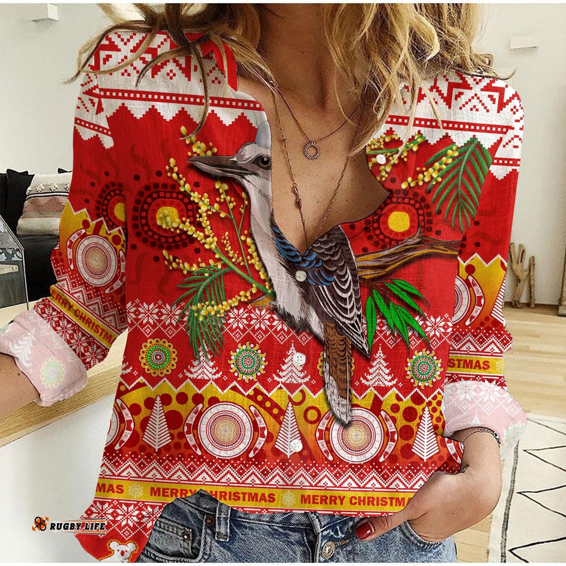 Australia Women Casual Shirt Kookaburra Mix Golden Wattle Aboriginal Art Merry Christmas