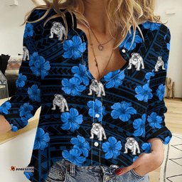 Custom Text And Number Bulldogs Rugby Women Casual Shirt Polynesian Style With Hibiscus