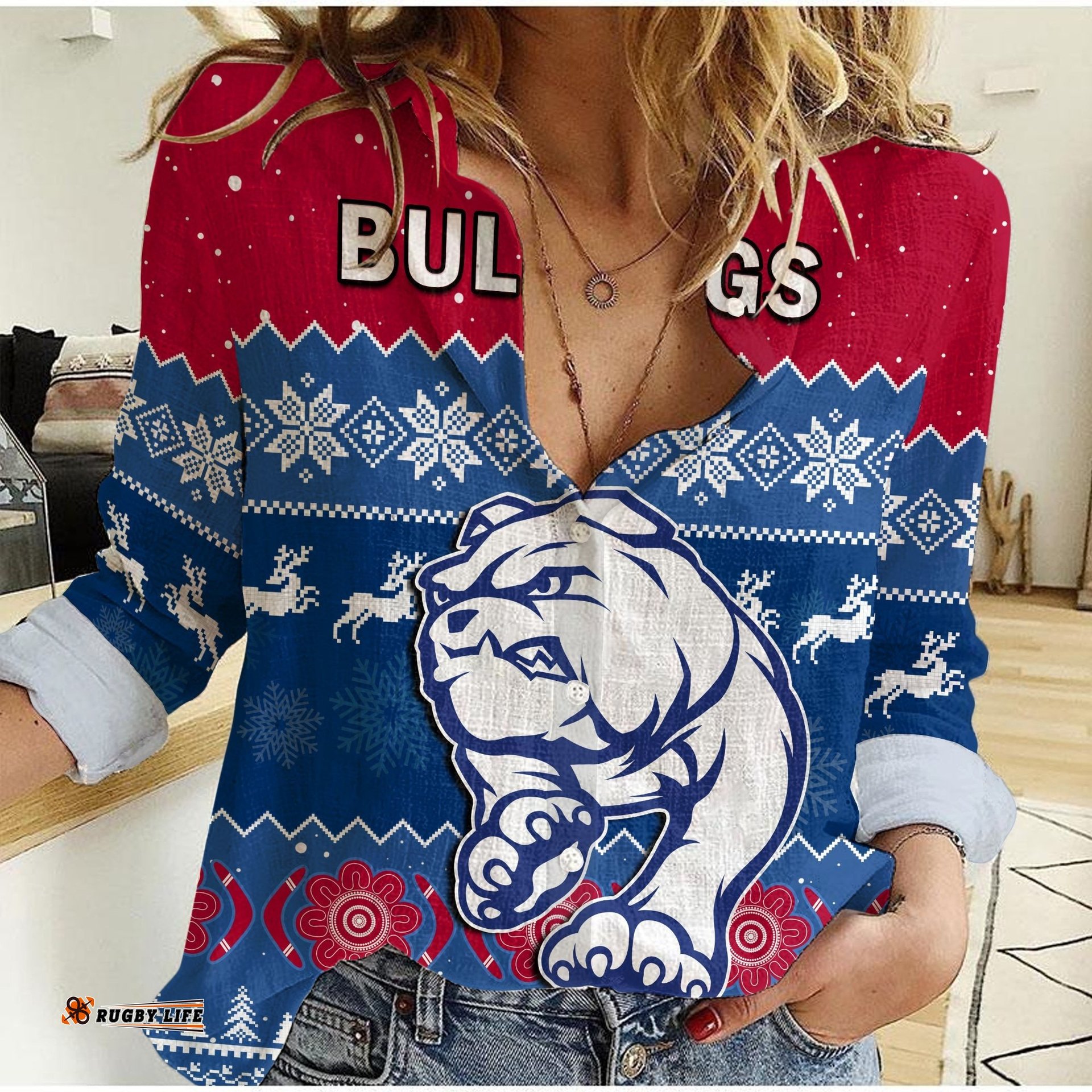 Western Bulldogs Football Women Casual Shirt Dogs Indigenous Merry Christmas