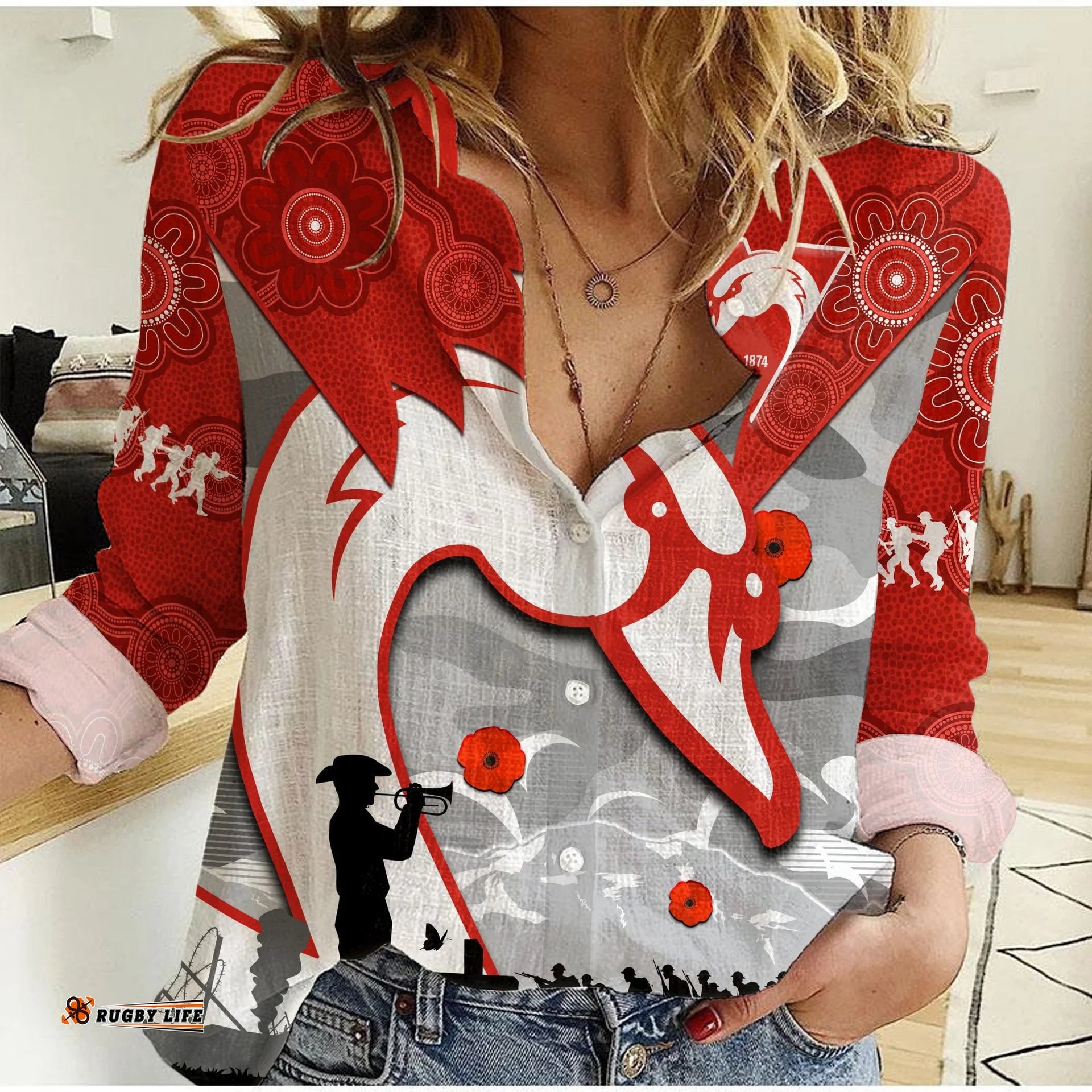 Custom Text And Number Swans Football ANZAC Women Casual Shirt Sydney Indigenous Camouflage Art